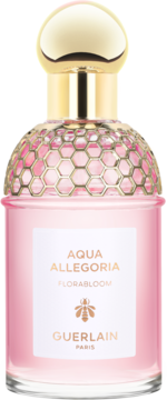 Aqua Allegoria Florabloom Guerlain woda toaletowa, różowa butelka z pszczelim wzorem i złotym korkiem, frontalny widok.