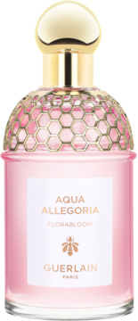 Guerlain Aqua Allegoria Florabloom EDT w różowej butelce ze złotą nakrętką i miodowym wzorem, przód.