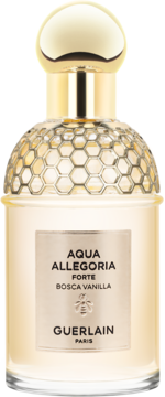 Złota butelka Guerlain Aqua Allegoria Forte Bosca Vanilla z miodowym wzorem i waniliowym zapachem, widok z przodu.