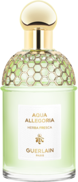 Woda toaletowa Guerlain Aqua Allegoria Herba Fresca, zielona butelka z pszczelim wzorem, widok z przodu.