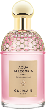 Guerlain Aqua Allegoria Florabloom Forte EDP, różowy flakon z złotą nakrętką i miodowym wzorem.
