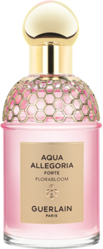 Guerlain Aqua Allegoria Florabloom Forte, różowa woda perfumowana w butelce z miodowym detalem i złotą nakrętką.