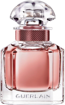 Mon Guerlain Intense woda perfumowana w eleganckiej, różowo-złotej butelce Guerlain z fasetowanym korkiem, widok z przodu.