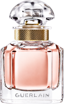 Guerlain Mon Guerlain woda perfumowana, różowa butelka z kryształowym korkiem i złotym paskiem, widok z przodu.