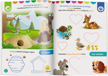 Otwarta zmazywalna książka Elementarz zwierząt, kolorowe ilustracje zwierząt i ćwiczenia manualne dla dzieci.