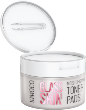Kimoco Glass Skin nawilżające płatki tonerowe, biały otwarty słoik z pęsetą w wieczku.