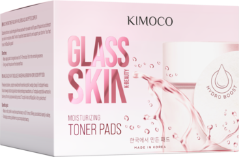 Białe pudełko Kimoco Glass Skin Nawilżające płatki do twarzy z kwasem hialuronowym. Różowe detale, widok z przodu i boku.