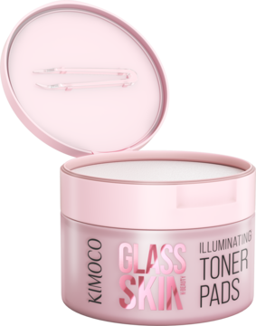 Okrągłe, różowe Kimoco Glass Skin Illuminating Toner Pads z otwartą pokrywką, eksponujące białe płatki do cery.