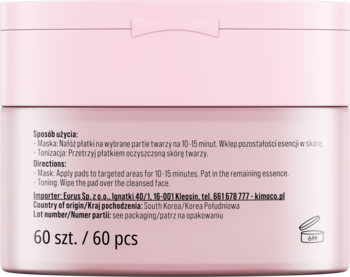 Tył różowo-białego opakowania płatków Kimoco Glass Skin, 60 sztuk, widoczne instrukcje i skład.