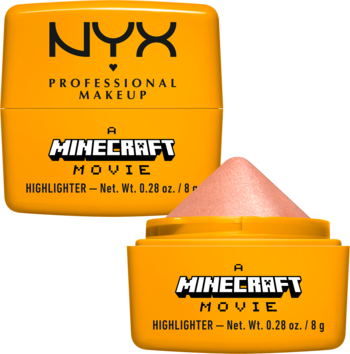 NYX Minecraft Movie kremowy rozświetlacz w pomarańczowych pojemnikach, jeden otwarty z widocznym różowym balsamem.