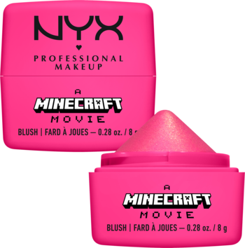 NYX Professional Makeup Minecraft Movie Cheeky Mob Balm, vibrant pink cream blush in open/closed packaging.