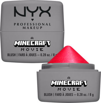 Dwa szare słoiczki kremowego różu NYX Minecraft Cheeky Mob Balm, jeden otwarty, ukazujący jaskrawoczerwony odcień.