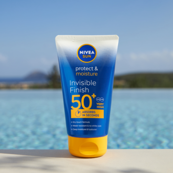 Nivea Sun Invisible Finish SPF 50+ wodoodporny balsam w niebieskiej tubie z żółtą zakrętką, na tle basenu.