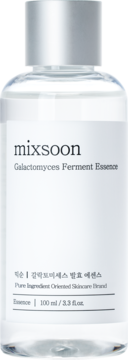 Mixsoon Galactomyces Ferment Essence 100ml, klarowna esencja w przezroczystej butelce z srebrnym korkiem, widok z przodu.