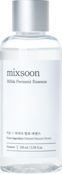 Mixsoon Bifida Ferment Essence, przezroczysta butelka 100 ml z srebrną zakrętką, widok z przodu na etykietę.