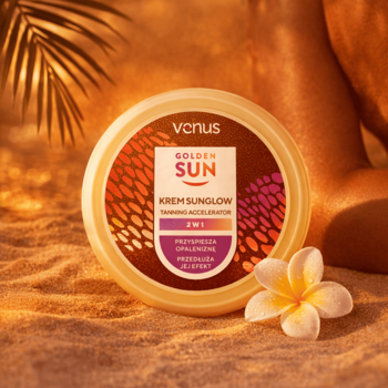Vaniqa Golden Sun krem sunglow, balsam przyspieszający opalanie 3w1, w beżowym słoiku na piasku z kwiatem. Widok z przodu.