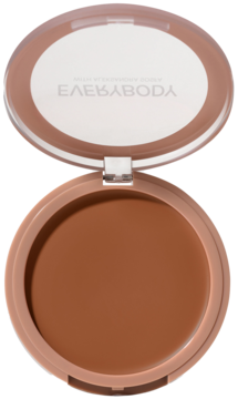 Otwarty kremowy bronzer Everybody London Medium. Okrągły beżowy kompakt z gładkim brązowym produktem.