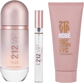 Zestaw 212 VIP Rose dla kobiet: perfumy 80/10 ml i balsam 100 ml w różowo-złotych opakowaniach, widok z przodu.