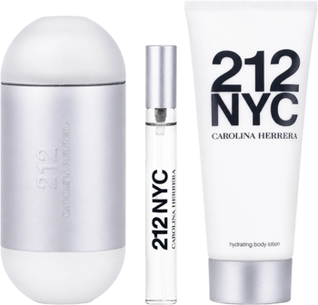 Zestaw dla kobiet Carolina Herrera 212 NYC, kwiatowo-drzewny: srebrna woda toaletowa 100ml/10ml, biały balsam 100ml.