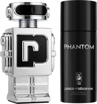 Zestaw Paco Rabanne Phantom: srebrny flakon-robot z logo P i czarny dezodorant z napisem Phantom, widok z przodu.
