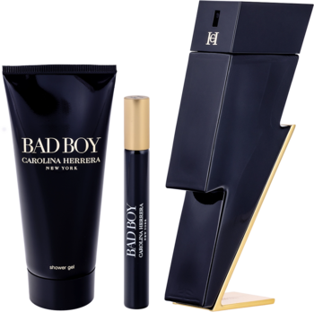 Męski zestaw Bad Boy Carolina Herrera: czarna woda toaletowa w kształcie pioruna, 10ml i żel pod prysznic.