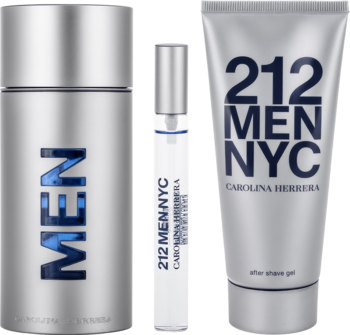 Zestaw Carolina Herrera 212 Men NYC: srebrna woda toaletowa 100 ml, próbka 10 ml i żel po goleniu 100 ml.