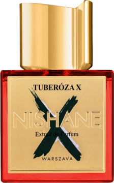 Nishane Tuberóza X Extrait de Parfum, czerwona butelka ze złotą nakrętką i etykietą z czarnym X, widok z przodu.