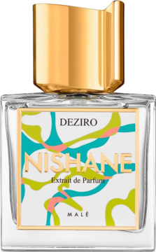 Nishane Deziro Extrait de Parfum w kwadratowej butelce, widok z przodu, kolorowa etykieta z napisem NISHANE, złoty korek.