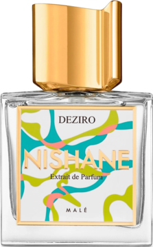 Nishane Deziro Extrait de Parfum Male, kwadratowa butelka z barwną etykietą i nieregularnym złotym korkiem, widok z przodu.