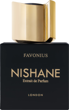 Nishane Favonius Extrait de Parfum unisex, czarny flakon ze złotym logo i metaliczną nakrętką, widok z przodu.