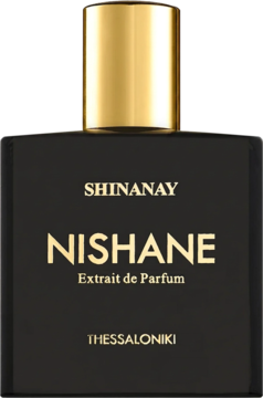 Shinanay Nishane Extrait de Parfum: czarna butelka z złotym korkiem i napisami, widok frontalny.