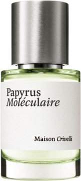 Papyrus Moléculaire Maison Crivelli EDP, butelka z bladozielonym płynem i metalowym korkiem, widok z przodu.