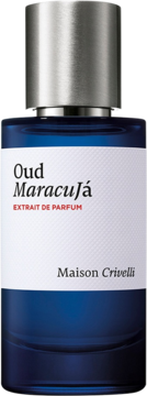Oud Maracujá Maison Crivelli, ekstrakt perfum unisex, ciemnoniebieska butelka z białą etykietą, widok z przodu.