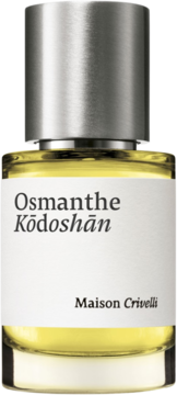 Butelka wody perfumowanej Maison Crivelli Osmanthe Kōdoshān, żółty płyn, metalowa nakrętka i biała etykieta.