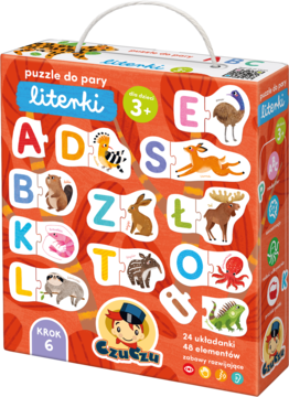 Kolorowe puzzle Czuczu Literki do pary, nauka alfabetu dla dzieci 3+, widok frontu pudełka.