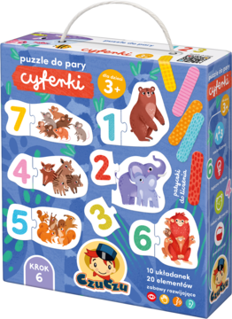 Pudełko z Puzzle Czuczu Cyferki: układanki z cyframi i zwierzętami, patyczki do liczenia, widok z przodu.