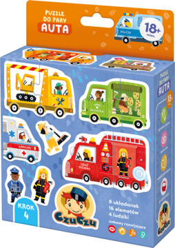Frontal view of Czuczu Auta puzzle box with colorful vehicle illustrations and figures. Two-piece puzzles (16 elements) for 18m+.