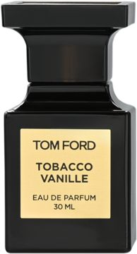 Czarny flakon perfum Tom Ford Tobacco Vanille 30ml z beżową etykietą i czarnym korkiem, widok z przodu.