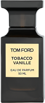 Tom Ford Tobacco Vanille 50ml EDP, ciemna butelka z beżową etykietą i czarną zakrętką, widok z przodu.