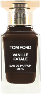 Ciemnobrązowa butelka damskiej wody perfumowanej Tom Ford Vanille Fatale 50 ml, z jasnozłotą nakrętką, widok z przodu.