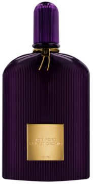Tom Ford Velvet Orchid woda perfumowana, ciemnofioletowa butelka z żłobieniami, złotą etykietą, widok z przodu.