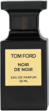 Czarna, prostokątna butelka wody perfumowanej Tom Ford Noir De Noir 50 ml z elegancką złotą etykietą, widok z przodu.
