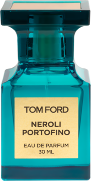 Tom Ford Neroli Portofino EDP 30ml, turkusowa butelka z beżową etykietą, frontalny widok. Świeży cytrusowy zapach.