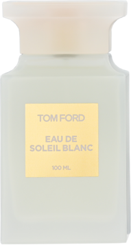 Tom Ford Eau De Soleil Blanc, woda toaletowa unisex, biała szroniona butelka 100ml z etykietą w kolorze złota.