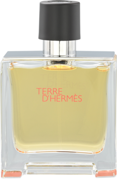 Męskie perfumy Hermès Terre d'Hermès w przezroczystej butelce z czarnym korkiem, pomarańczowy napis, widok frontalny.