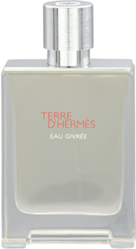 Hermès Terre d'Hermes Eau Givree męska woda perfumowana w przezroczystej butelce ze srebrnym korkiem, widok z przodu.