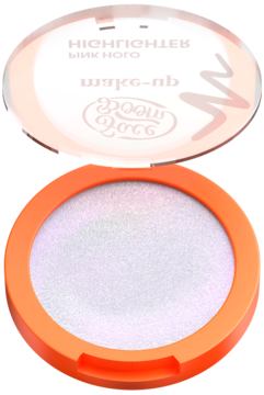 Otwarty pomarańczowy rozświetlacz FaceBoom Make-Up. Perłowy puder holograficzny z różową poświatą w okrągłym opakowaniu.
