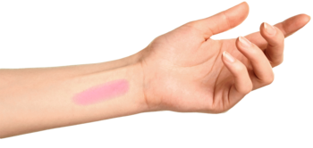 FaceBoom Water Jelly żelowy tint, różowy swatch na nadgarstku, prezentujący kolor i konsystencję.