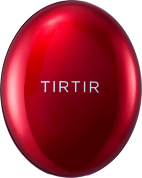 TIRTIR Mask Fit Red Cushion: błyszczący, czerwony, owalny kompakt podkładu, widok z przodu. Półmatowe wykończenie.