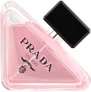 Różowa damska woda perfumowana Prada Paradoxe w trójkątnej butelce z logo, widok z góry, częściowo zdjęta czarna zakrętka.